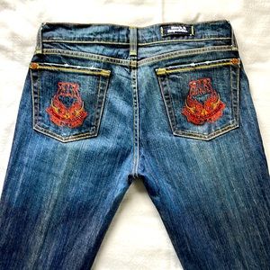 Rock & Republic premium denim with embroidered, red crystal beaded back pockets